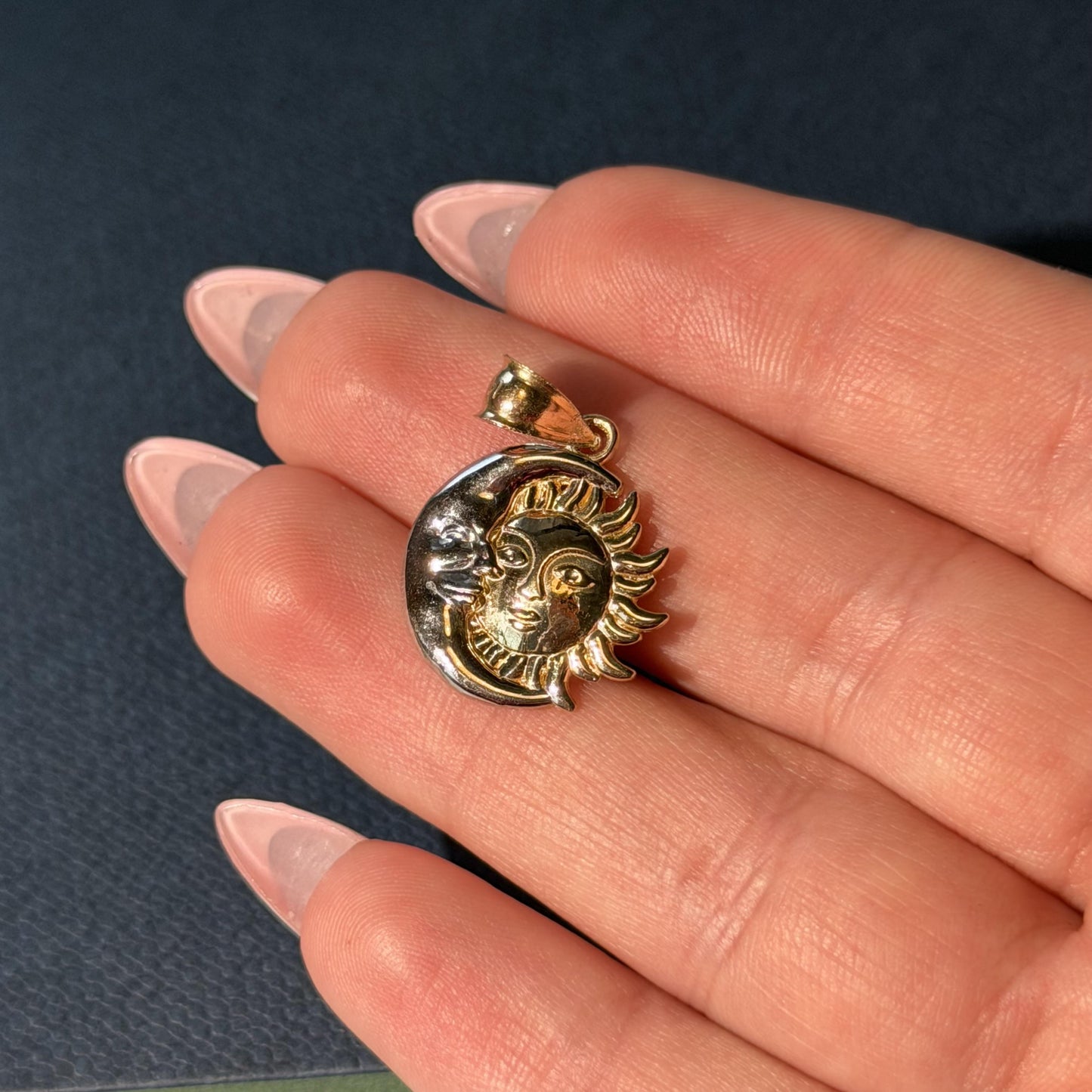 14K Real Yellow & White Gold Moon and Sun Pendant 26mm