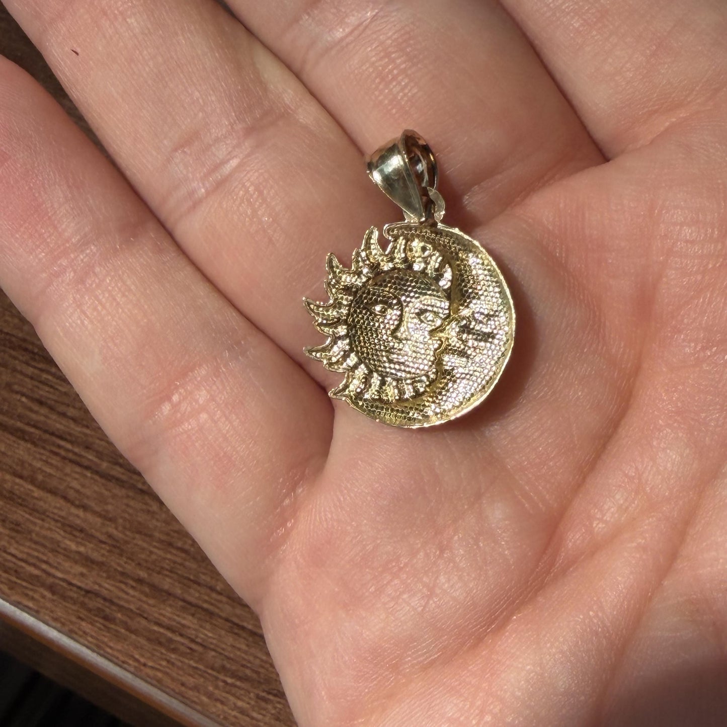 14K Real Yellow & White Gold Moon and Sun Pendant 26mm