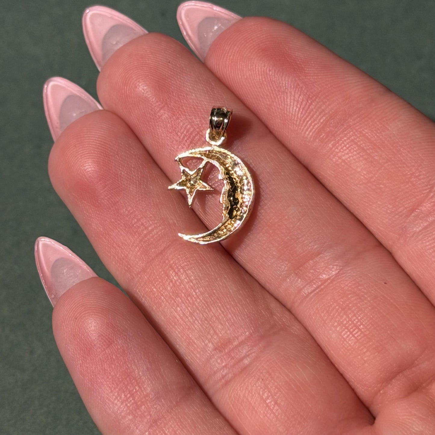 14K Real Yellow Gold Moon & Star Pendant 20mm