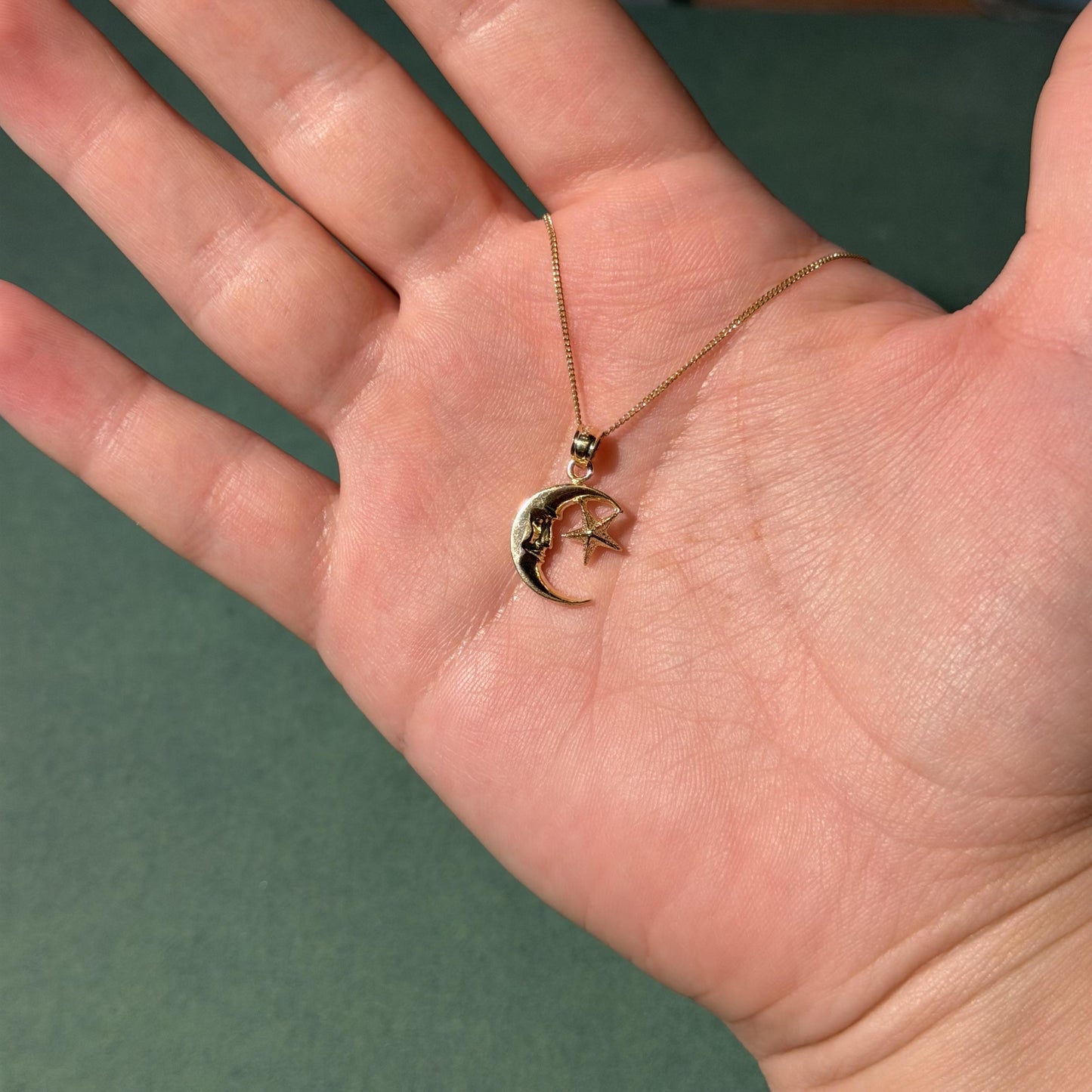 14K Real Yellow Gold Moon & Star Pendant 20mm