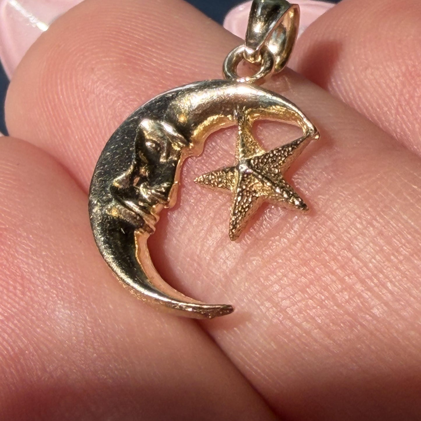 14K Real Yellow Gold Moon & Star Pendant 20mm