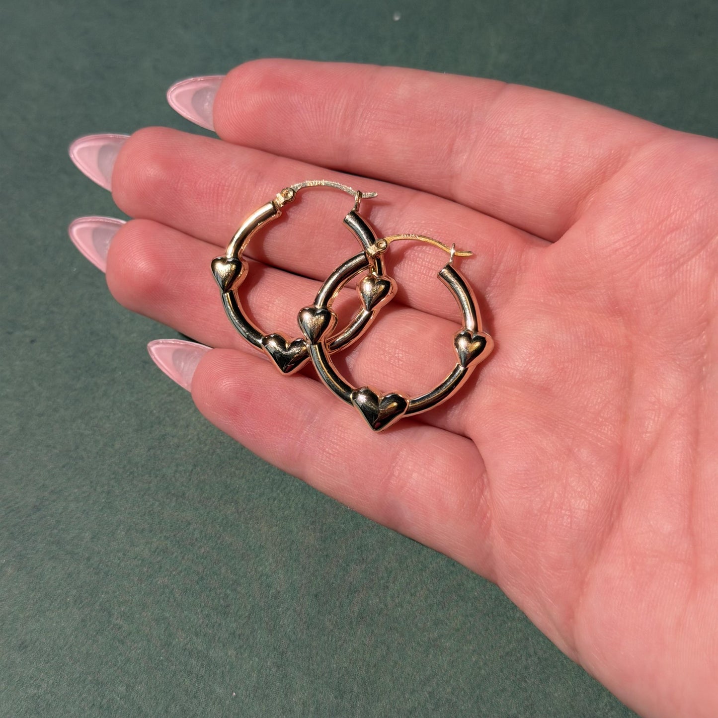 14K Real Yellow Gold Puffy Heart Hoop Earrings 1.25″