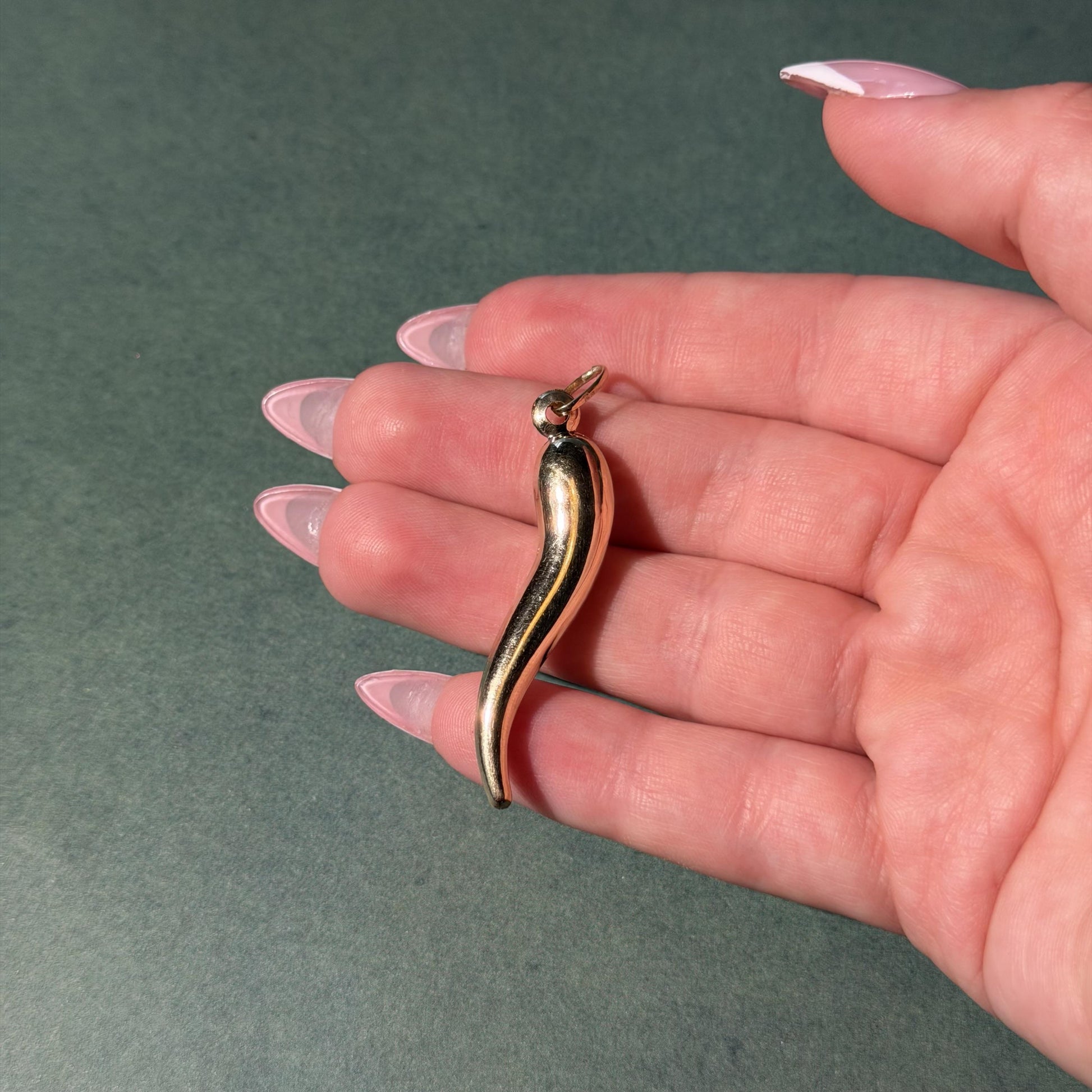 10K Real Yellow Gold Italian Horn Chili Pepper Charm 2″