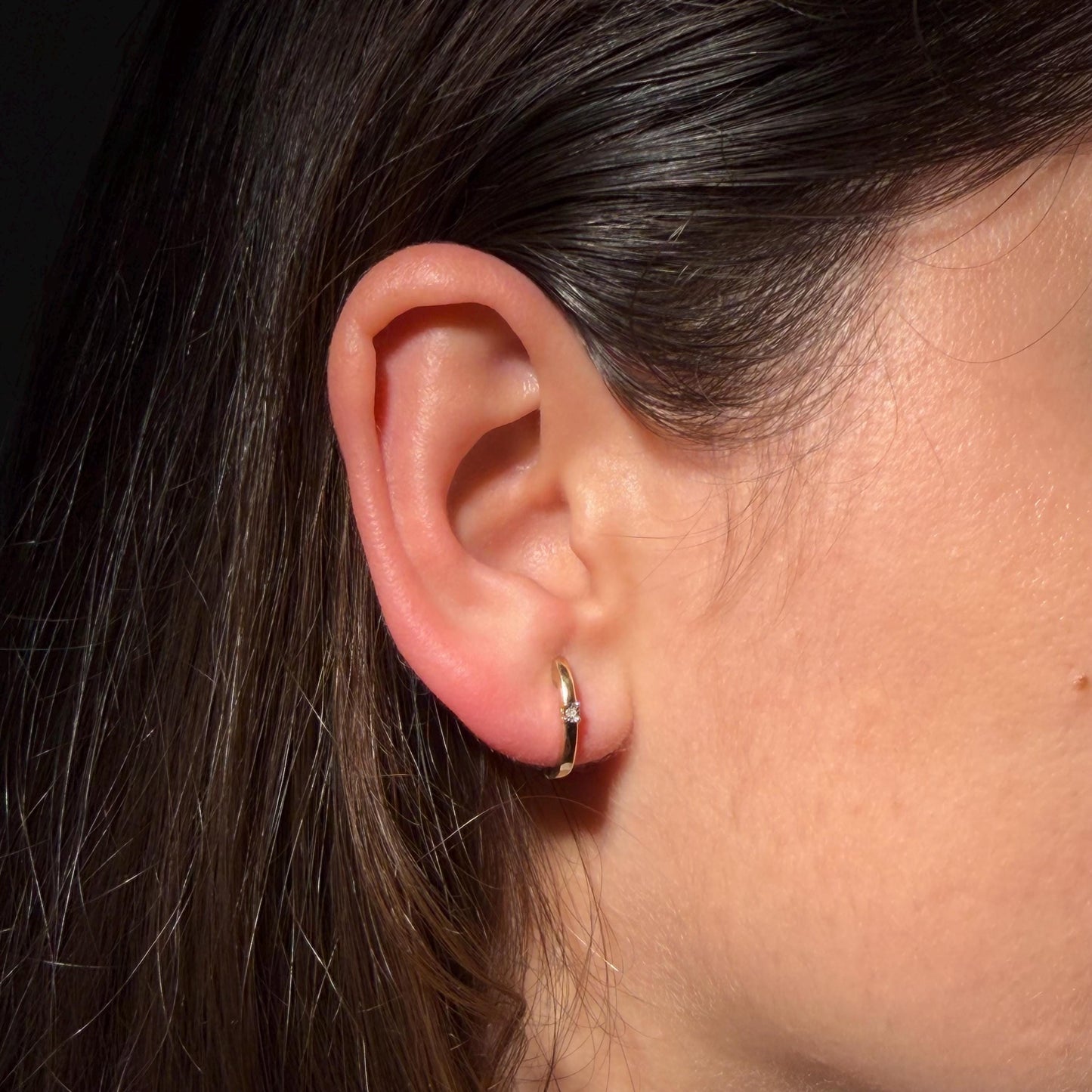 Natural Diamond Huggie Earrings, Gold Plated Sterling Silver Hoops, Minimalist