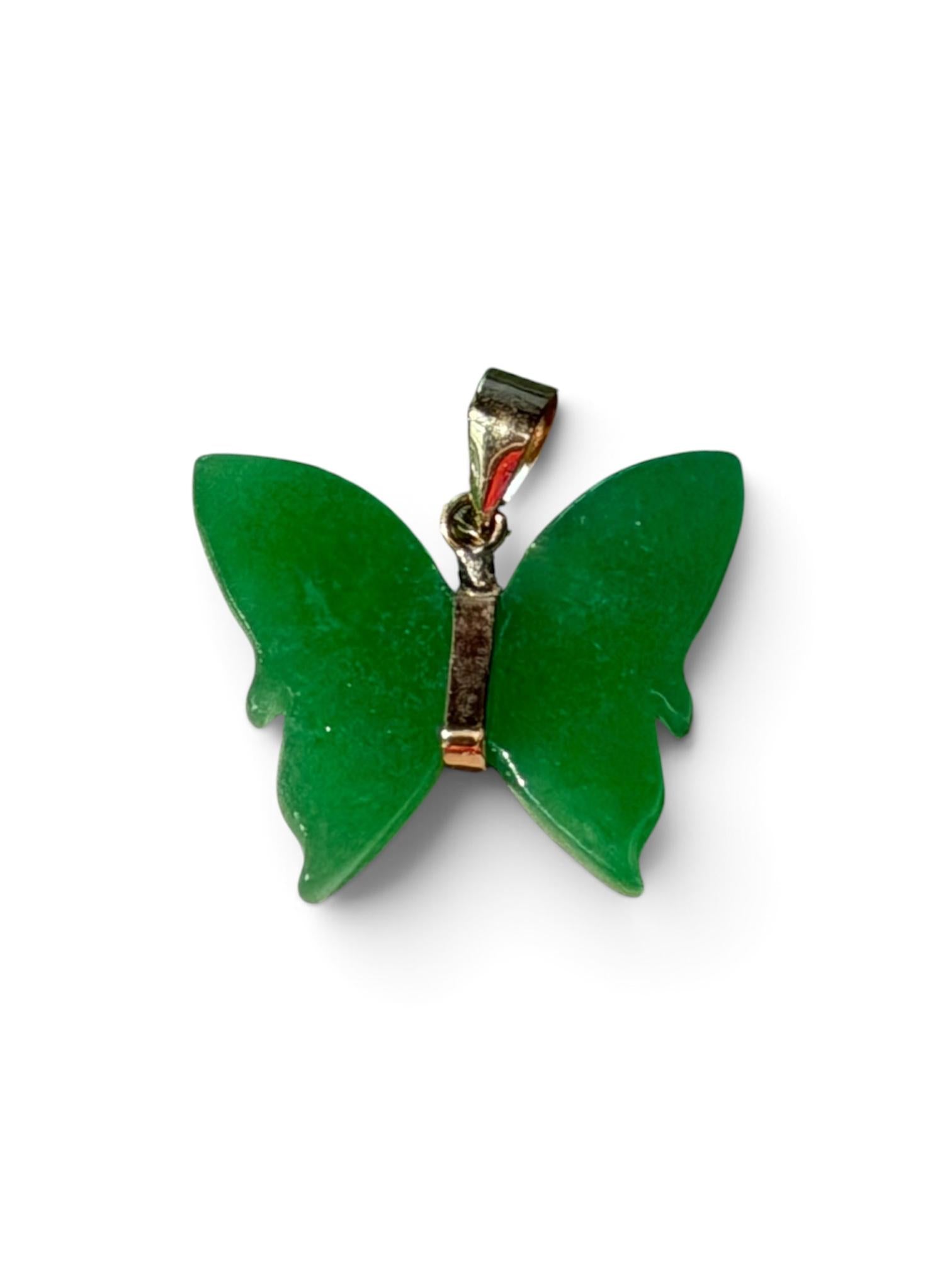Charming 14K Real Gold Green Jade Butterfly Pendant 20mm including Bail