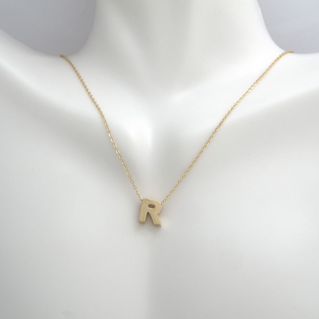 14k Gold Yellow Gold R Initial Letter Minimalist  Necklace 16"-18"