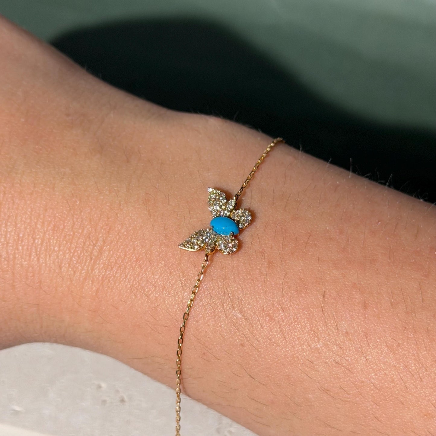 Solid 18K Gold Turquoise Butterfly Bracelet with Natural Diamonds – Adjustable