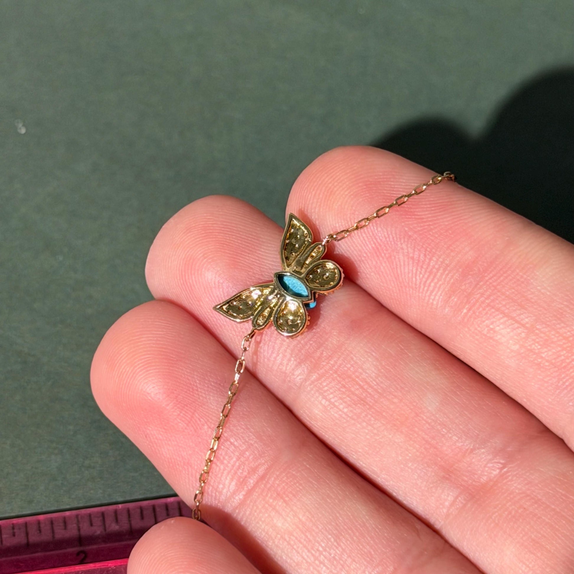 Solid 18K Gold Turquoise Butterfly Bracelet with Natural Diamonds – Adjustable