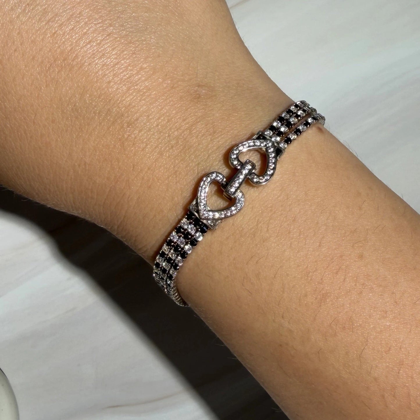 Sterling Silver S925 Double Heart Crystal Bracelet | Multi Row Size 6.5” Long