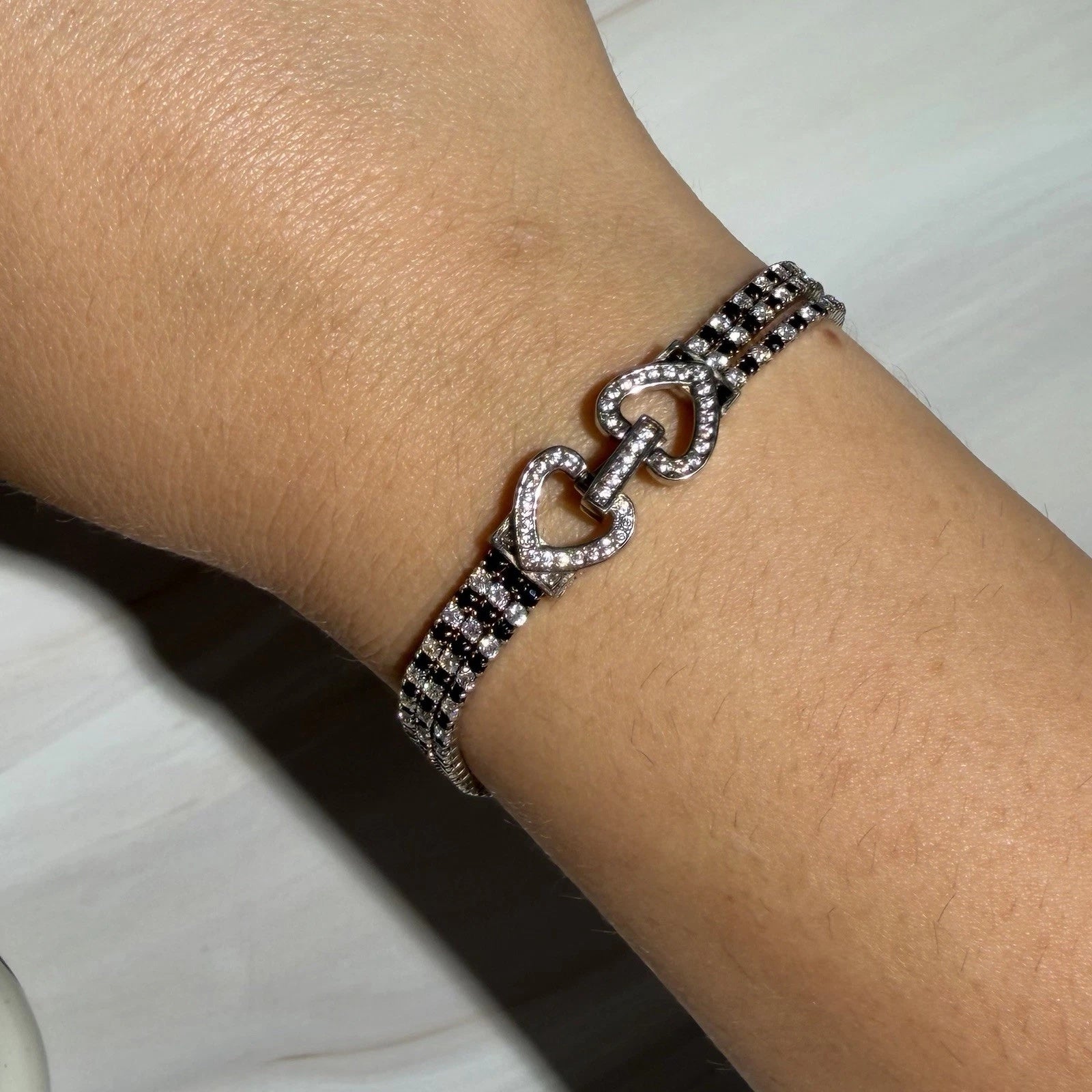 Sterling Silver S925 Double Heart Crystal Bracelet | Multi Row Size 6.5” Long