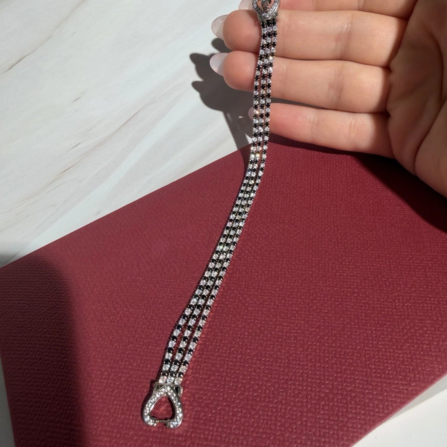 Sterling Silver S925 Double Heart Crystal Bracelet | Multi Row Size 6.5” Long