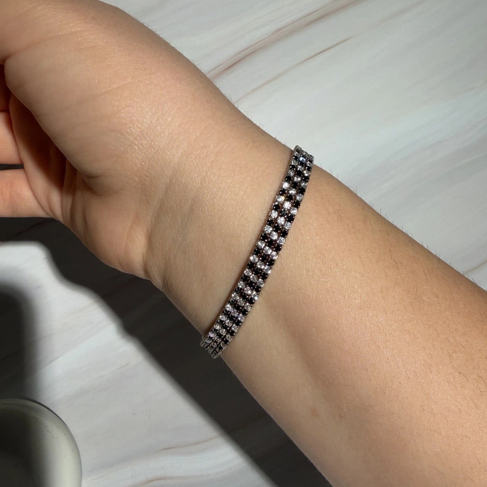 Sterling Silver S925 Double Heart Crystal Bracelet | Multi Row Size 6.5” Long
