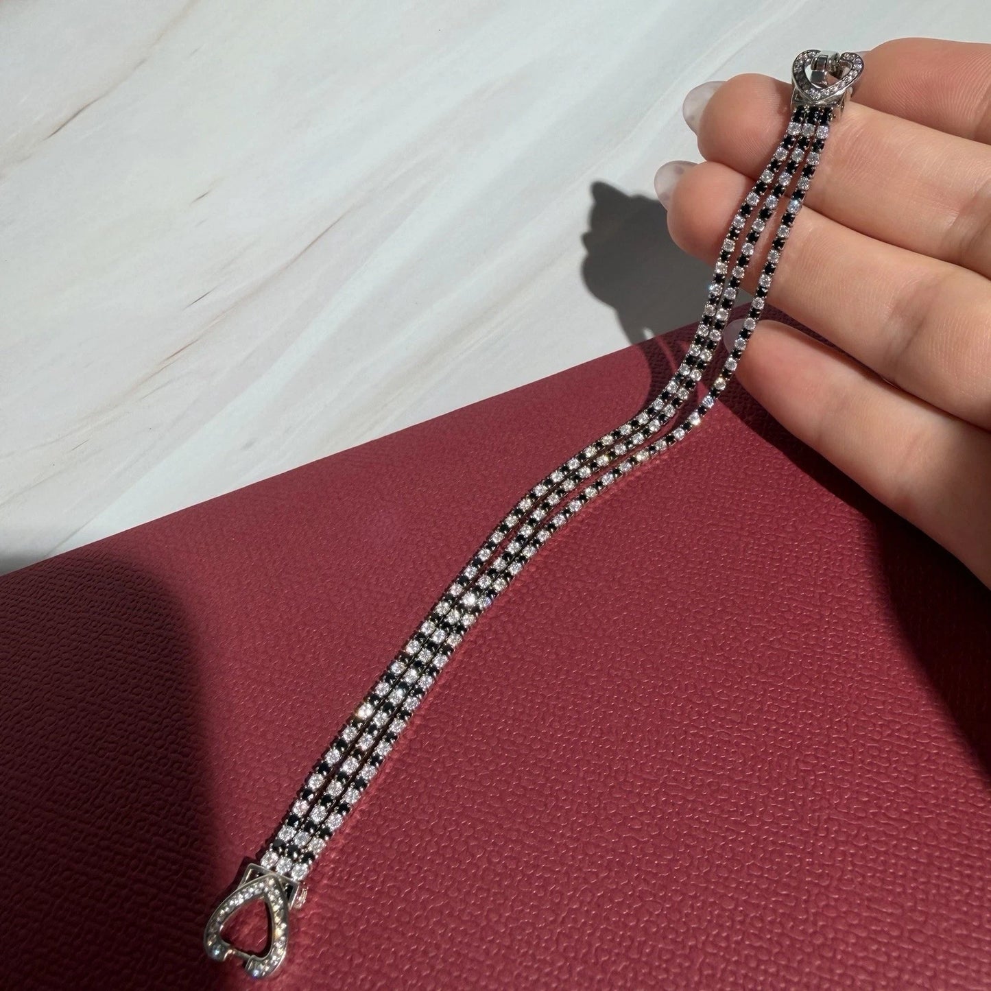 Sterling Silver S925 Double Heart Crystal Bracelet | Multi Row Size 6.5” Long