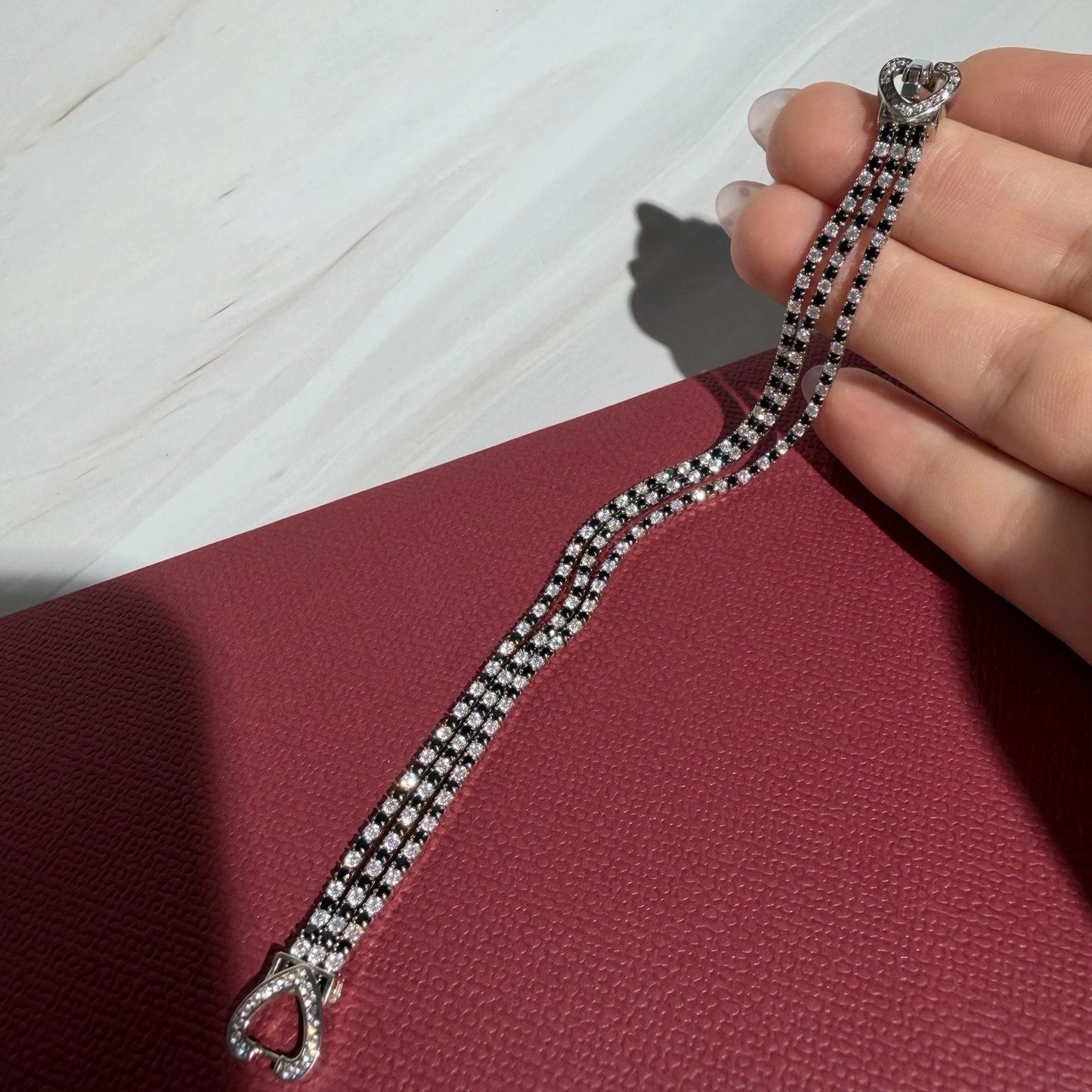 Sterling Silver S925 Double Heart Crystal Bracelet | Multi Row Size 6.5” Long