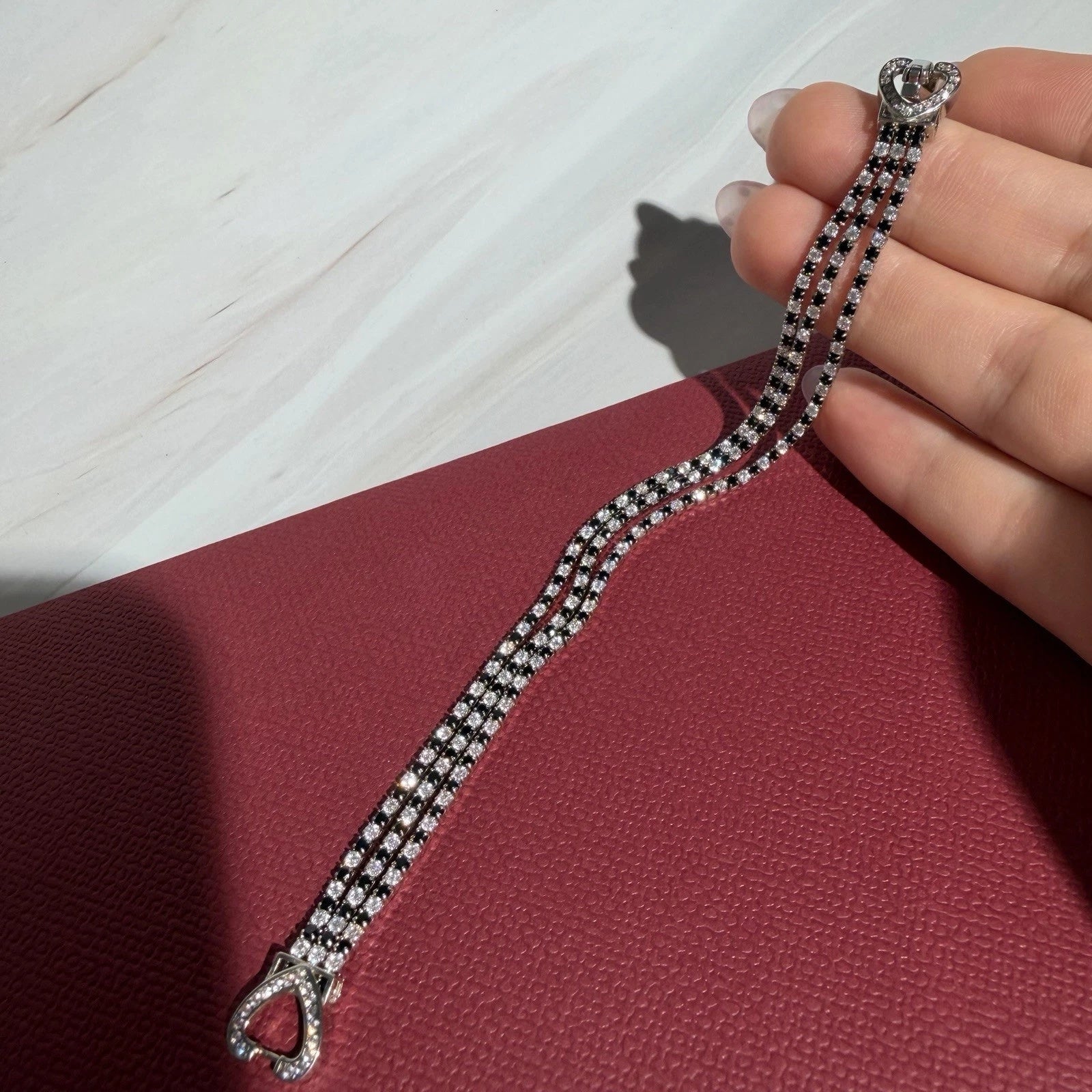 Sterling Silver S925 Double Heart Crystal Bracelet | Multi Row Size 6.5” Long