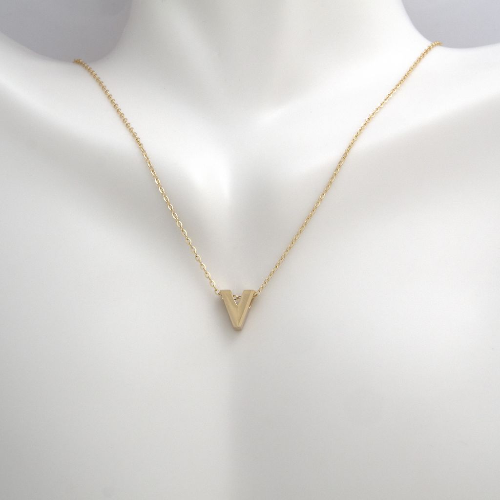14k Gold Yellow Gold V Initial Letter Minimalist  Necklace 16"-18"