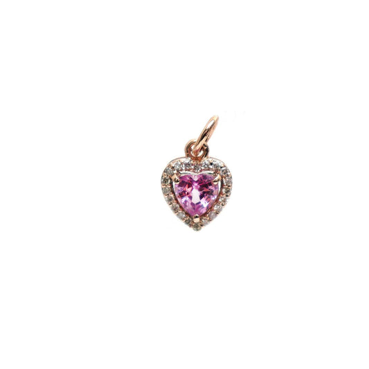 14K Real Solid Yellow Gold Pink Sapphire & Diamond Heart Charm Pendant