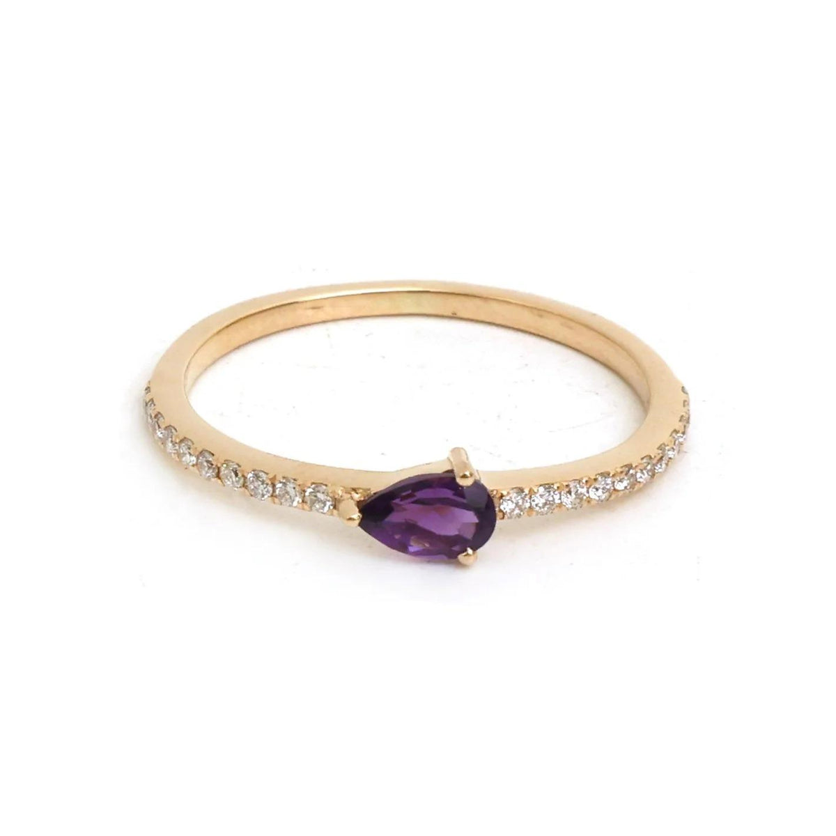 14K Real Solid Yellow Gold Amethyst & Diamond Ring Size 6.5