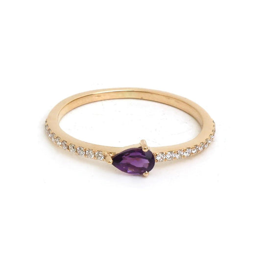 14K Real Solid Yellow Gold Amethyst & Diamond Ring Size 6.5