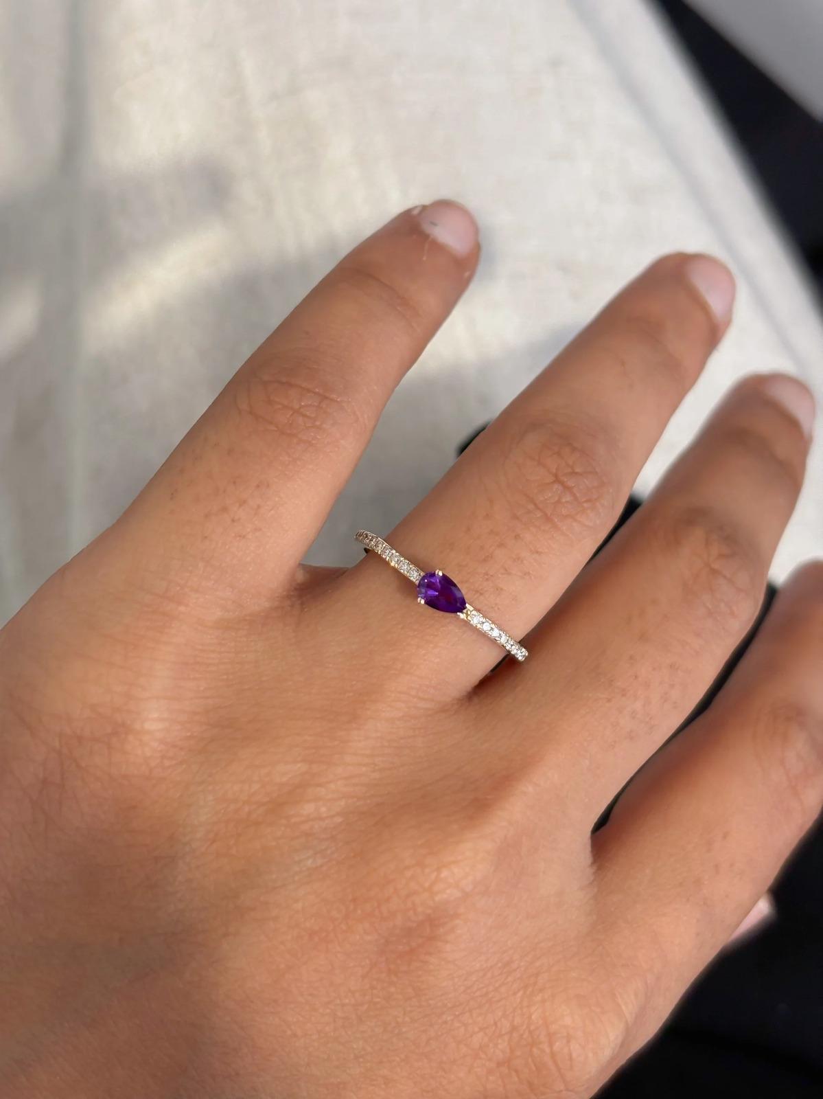 14K Real Solid Yellow Gold Amethyst & Diamond Ring Size 6.5