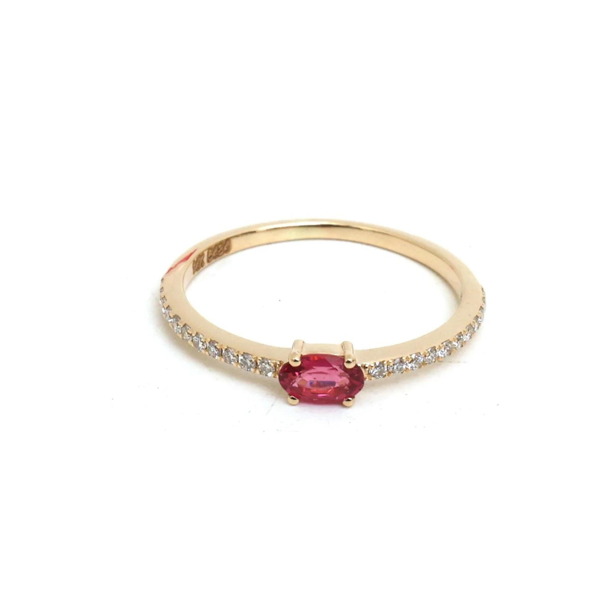 14K Real Solid Yellow Gold Rubellite & Diamond Ring Size 6.5