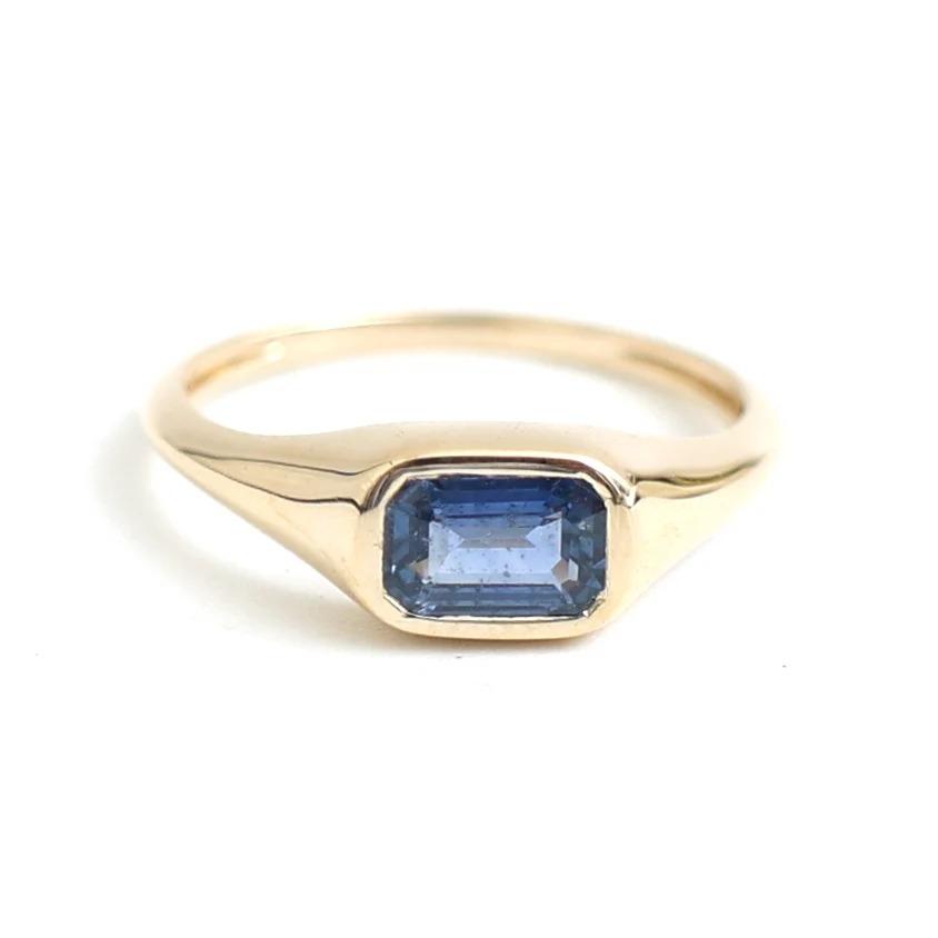 14K Real Solid Yellow Gold Blue Sapphire Ring Size 4