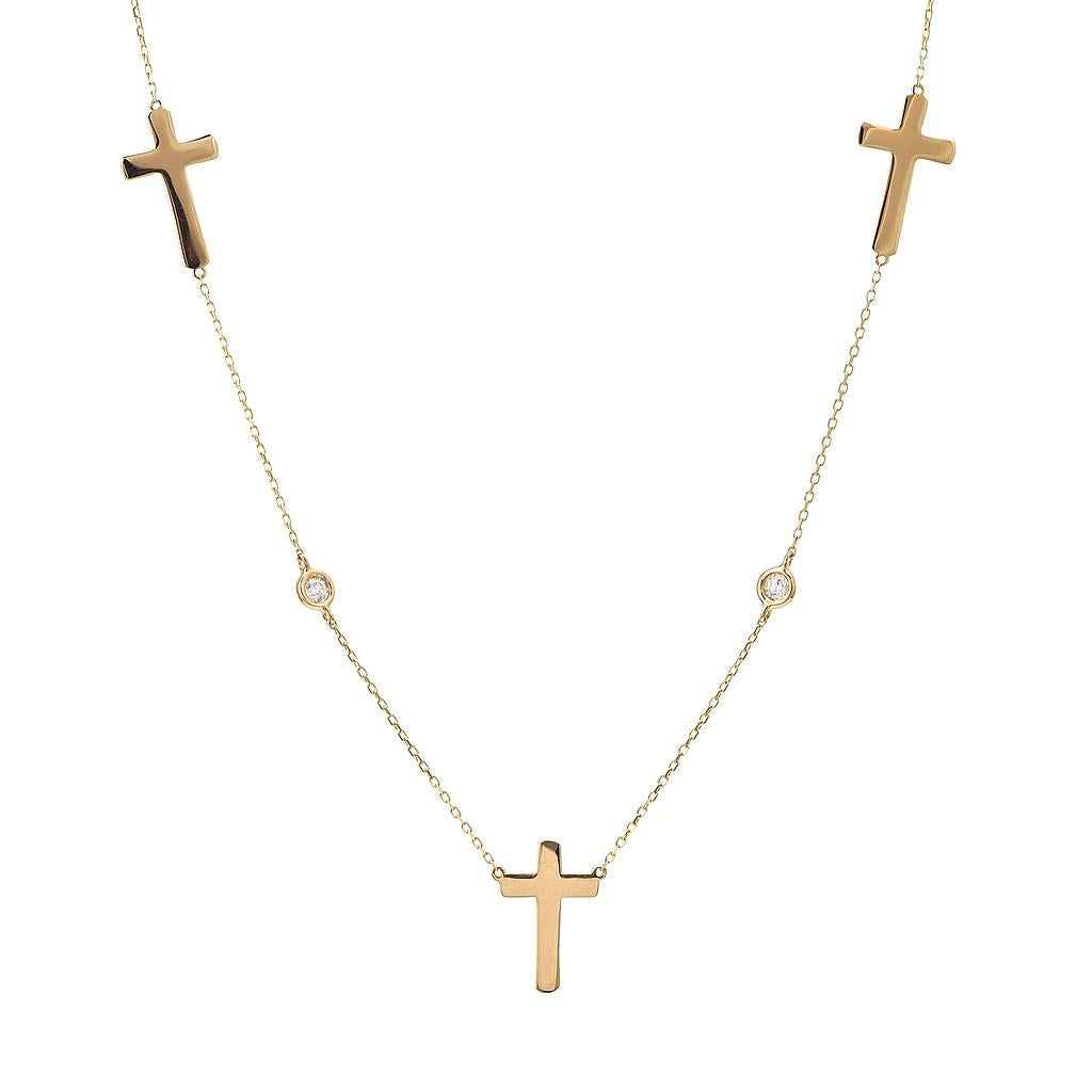 14K Real Yellow Gold 3 Cross Charms The Yard Full Bezel Diamond Necklace 16+2″