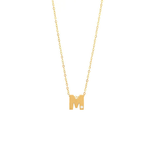 14K Yellow Gold Diamond M Initial Letter Minimalist  Necklace 16"-18"