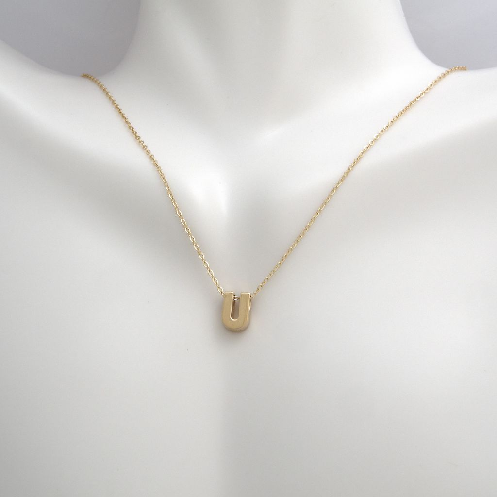 14k Gold Yellow Gold U Initial Letter Minimalist  Necklace 16"-18"