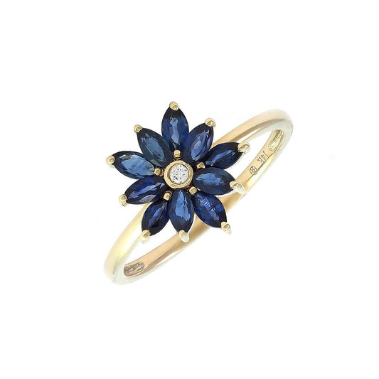 14K Real Yellow Gold Flower Marquise Prong Sapphire And Diamond Ring Size 6.5