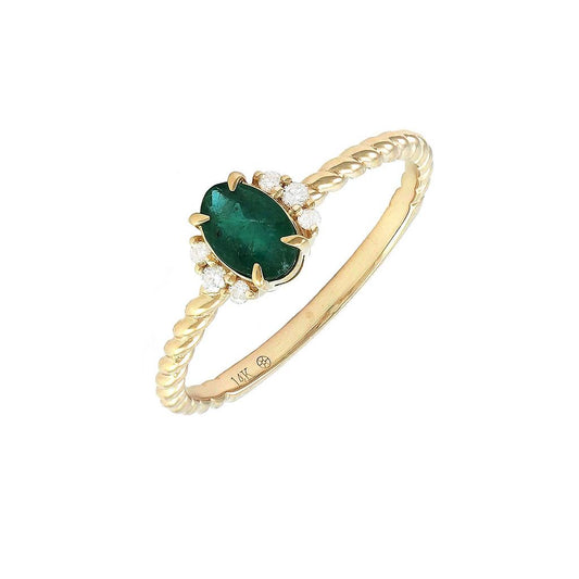 14K Real Yellow Gold Oval Prong  Ball Shank Emerald Ring Size 6.5