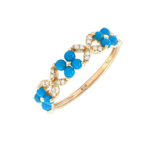 14K Real Yellow Gold Round Prong Turquoise Ring And Diamond Ring Size 6.5
