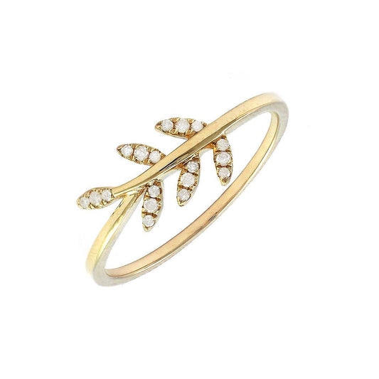 14K Real Yellow Gold Leaf Single Pave Diamond Ring Size 6.5