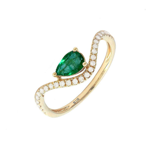 14K Real Yellow Gold Pear Prong Emerald & Diamond Ring 6.5"