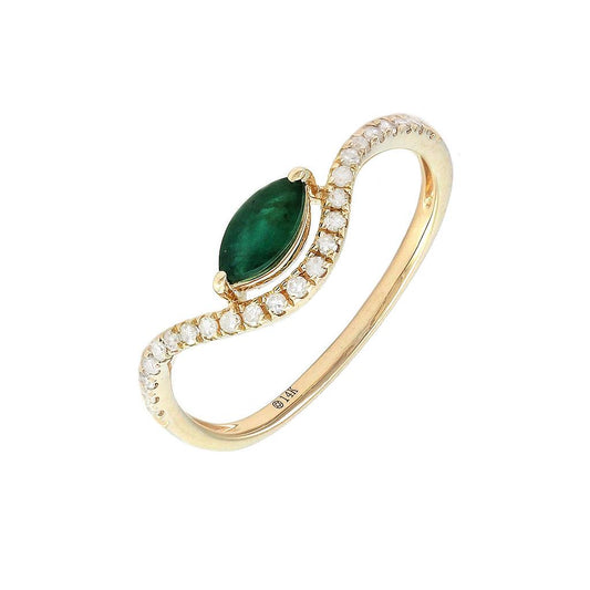 14K Real Yellow Gold Marquise Prong Emerald & Diamond Ring 6.5"