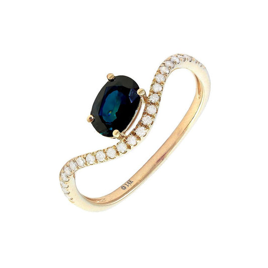14K Real Yellow Gold Oval Prong Sapphire & Diamond Ring 6.5"