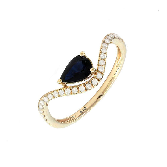 14K Real Yellow Gold Pear Prong Sapphire & Diamond Ring 6.5"