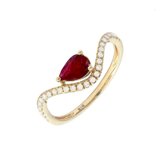 14K Real Yellow Gold Pear Prong Ruby & Diamond Ring 6.5"