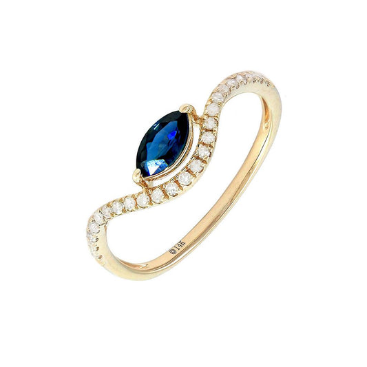14K Real Yellow Gold Marquise Prong Sapphire & Diamond Ring 6.5"