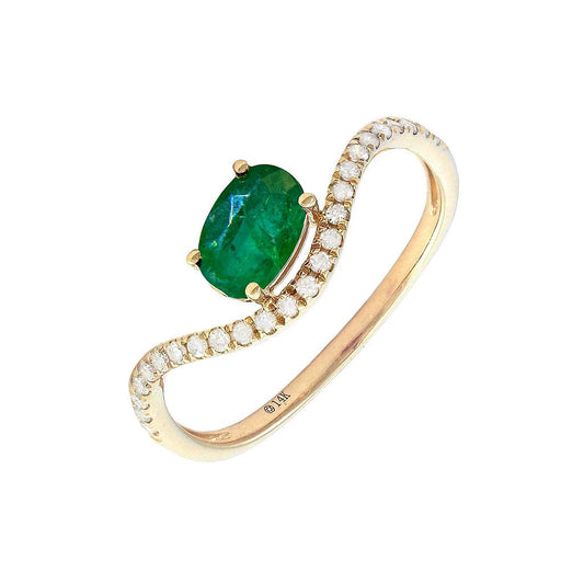 14K Real Yellow Gold Oval Prong Emerald & Diamond Ring 6.5"